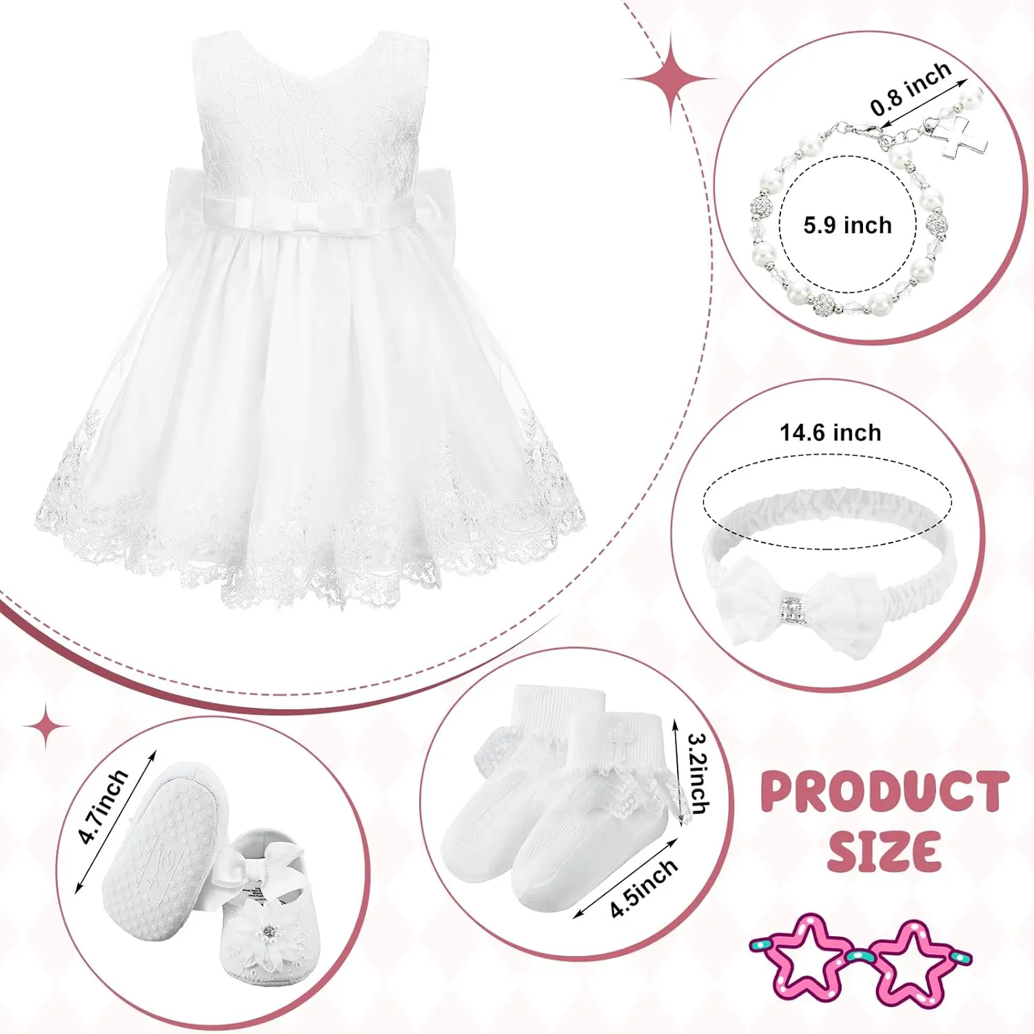 5 Pcs Baby Girl Baptism Outfit Includes Lace Christening Dresses Bowknot Headwear Cross Charm Bracelet Socks Shoes