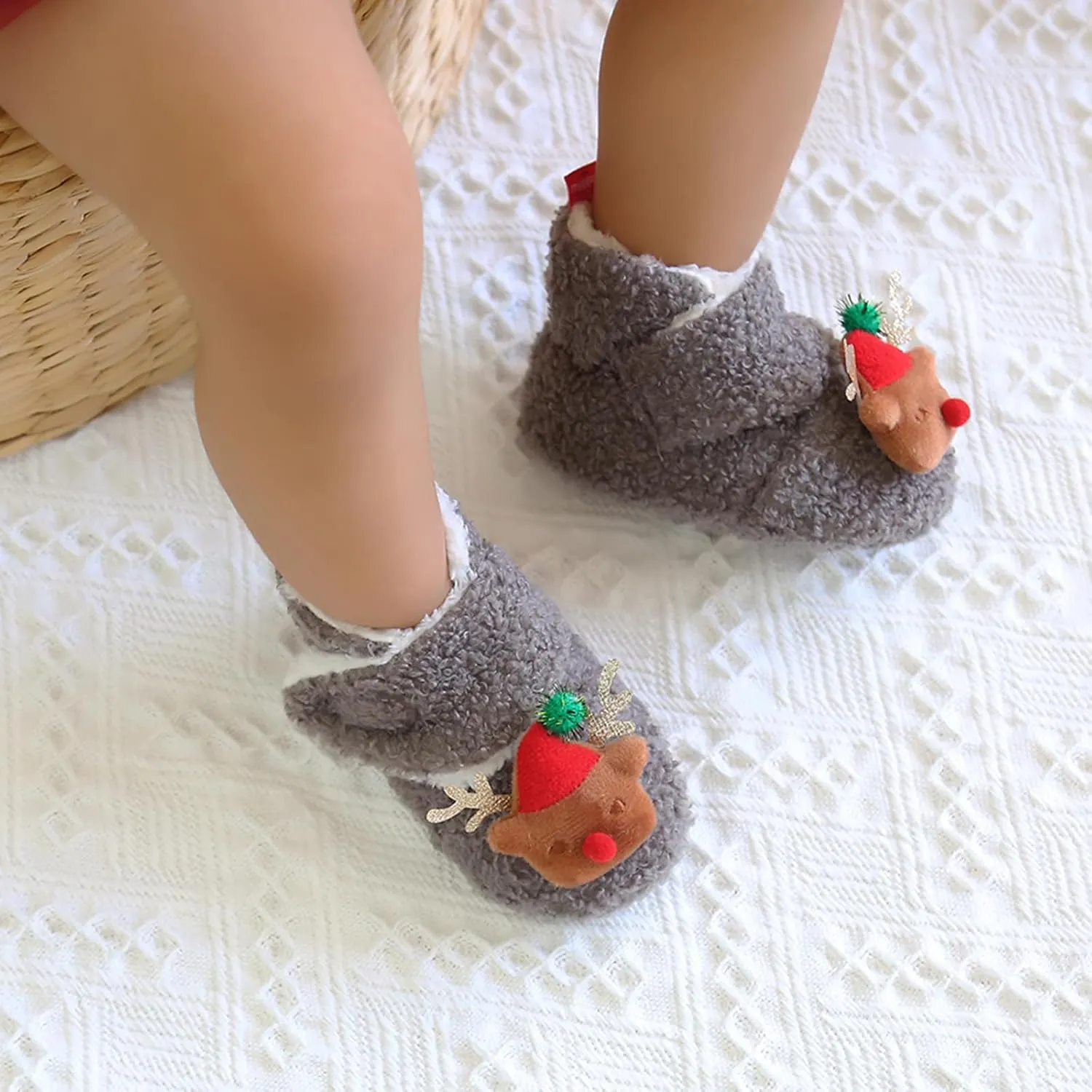 Baby Christmas Booties Infant Newborn Boys Girls Cozy Fleece Slippers Soft Winter Warm Crib Sock Shoes First Walkers