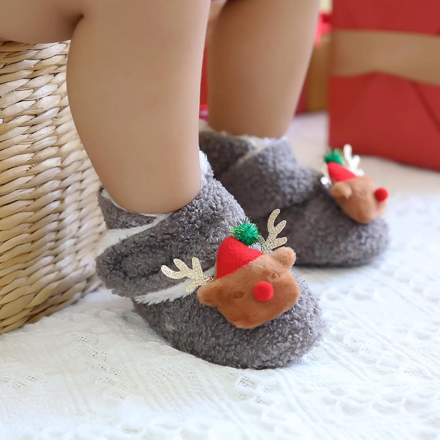 Baby Christmas Booties Infant Newborn Boys Girls Cozy Fleece Slippers Soft Winter Warm Crib Sock Shoes First Walkers