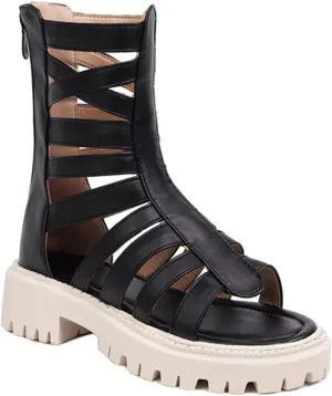 bbruriy Womens Peep Toe Booties Chunky Heel Sandals Cutout Open Toe Platform Flat Ankle Boots Summer Casual Comfort Dress Shoes with Back Zipper