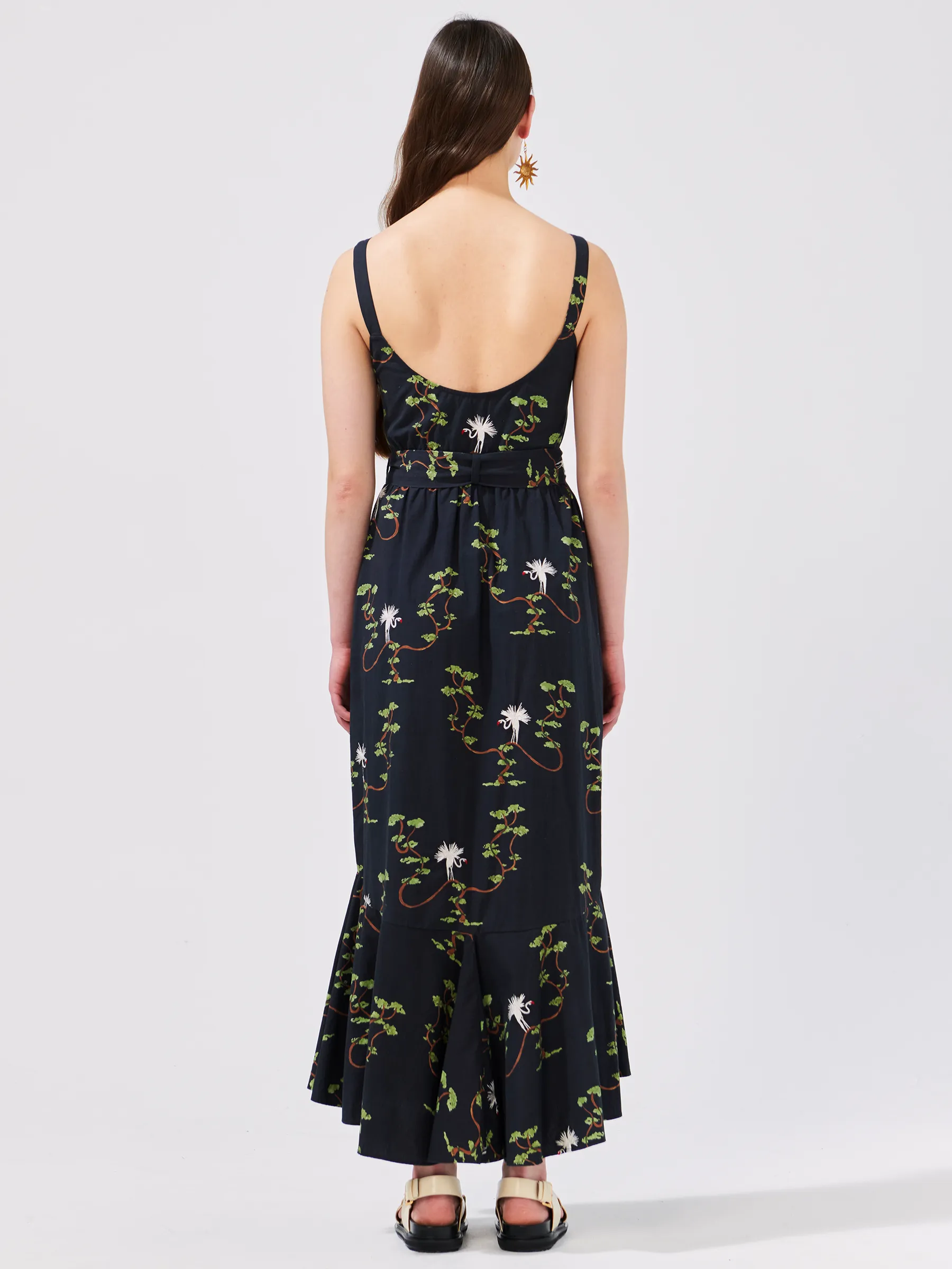 Birds Of Utopia Embroidered Tiered Cotton Midi Sundress Black