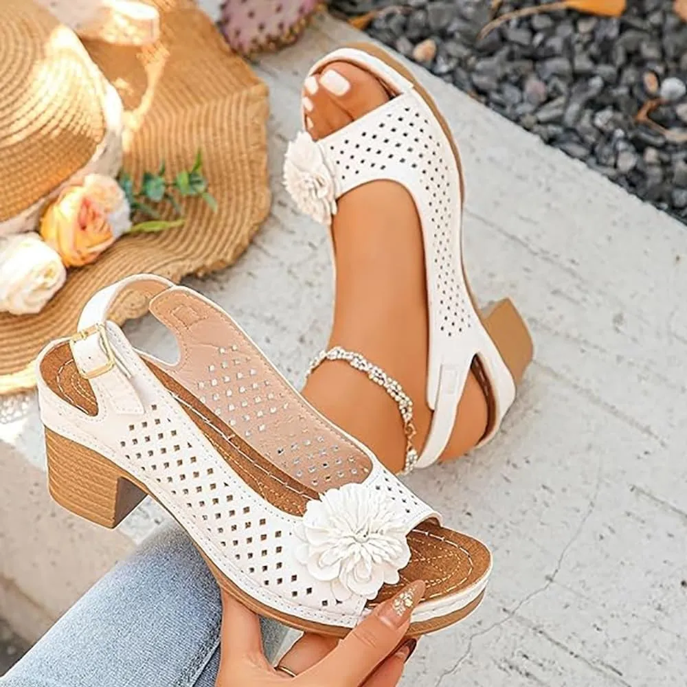 Buckled Square Heel Sandals for Women Dressy, Summer Womens Low Slingback Peep Toe Chunky Heeled Dress Wedge Shoes