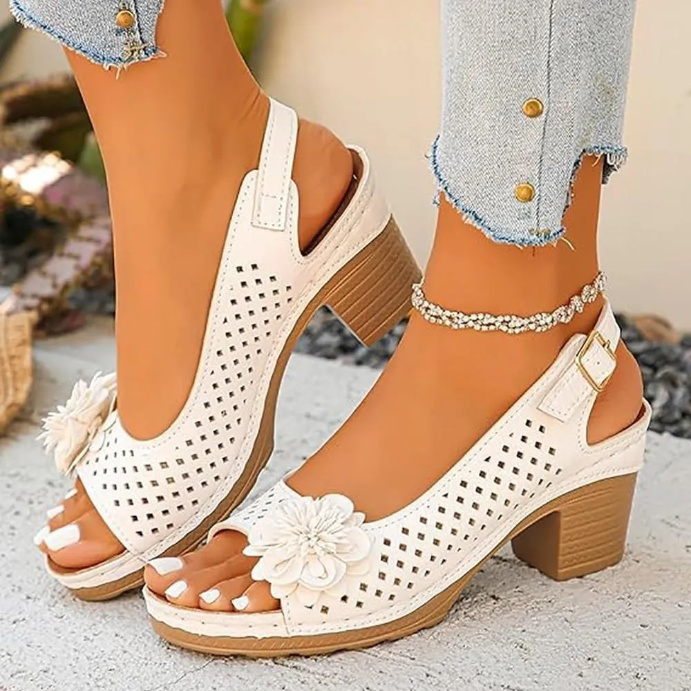 Buckled Square Heel Sandals for Women Dressy, Summer Womens Low Slingback Peep Toe Chunky Heeled Dress Wedge Shoes