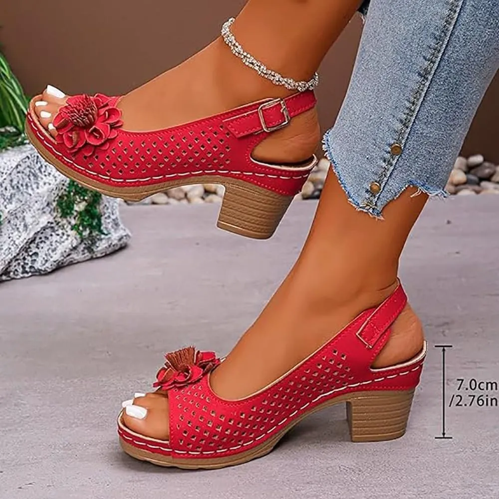 Buckled Square Heel Sandals for Women Dressy, Summer Womens Low Slingback Peep Toe Chunky Heeled Dress Wedge Shoes