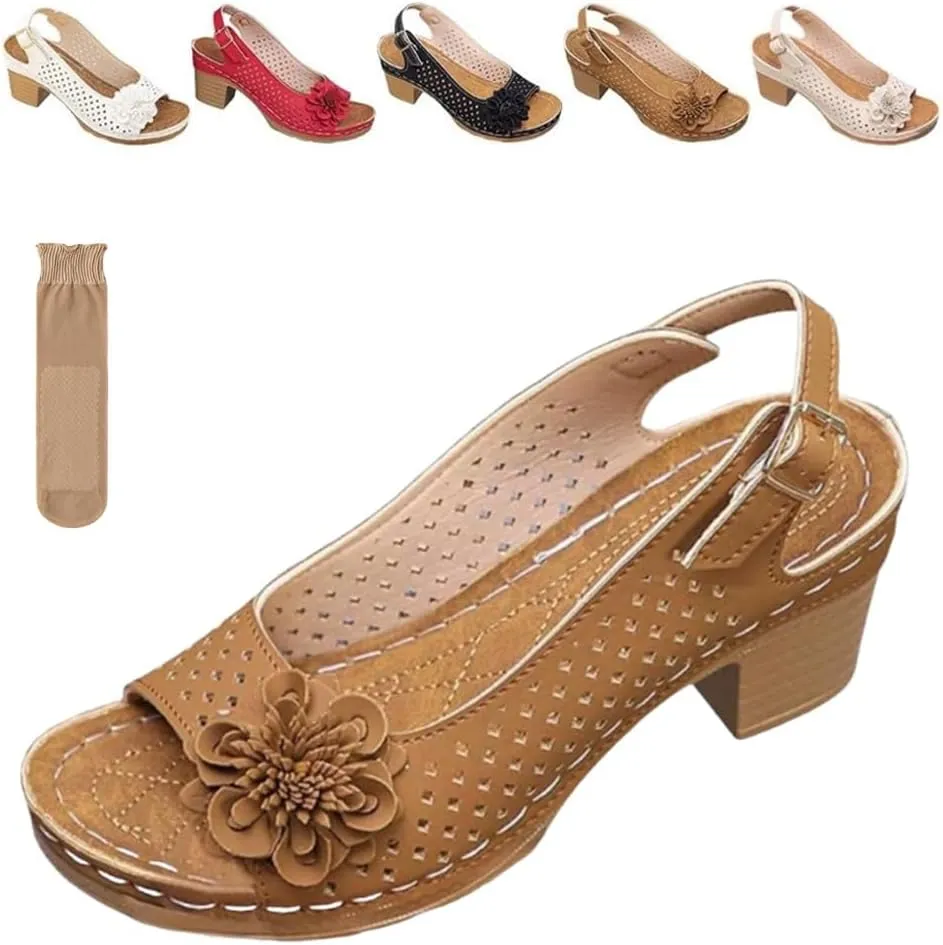 Buckled Square Heel Sandals for Women Dressy, Summer Womens Low Slingback Peep Toe Chunky Heeled Dress Wedge Shoes