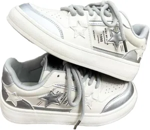 Chunky Platform Star Sneakers for Women Girl's Cute Skate Shoes Chic Y2k Casual Preppy Student Back School, Travel (Silver,4.5)