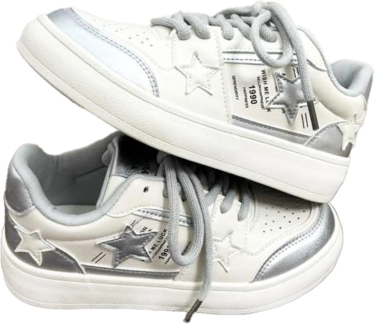 Chunky Platform Star Sneakers for Women Girl's Cute Skate Shoes Chic Y2k Casual Preppy Student Back School, Travel (Silver,4.5)