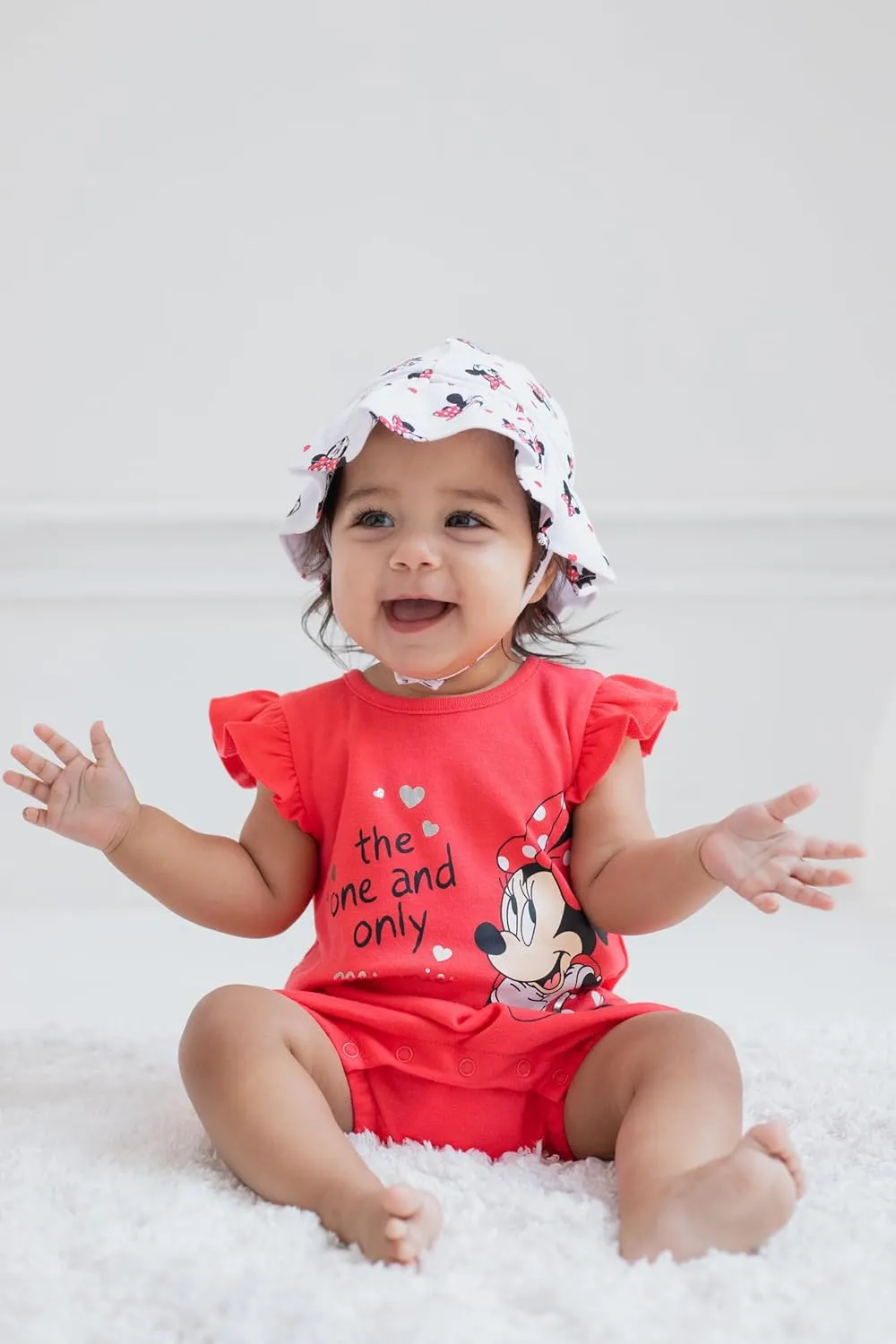 Disney Minnie Mouse Winnie the Pooh Nightmare Before Christmas Baby Girls Snap Romper and Bucket Sun Hat Newborn to Infant