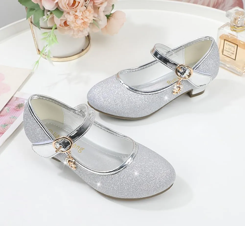 Girls Heels Dress Shoes Mary Jane Pumps Low Heel Princess Flower Wedding Party
