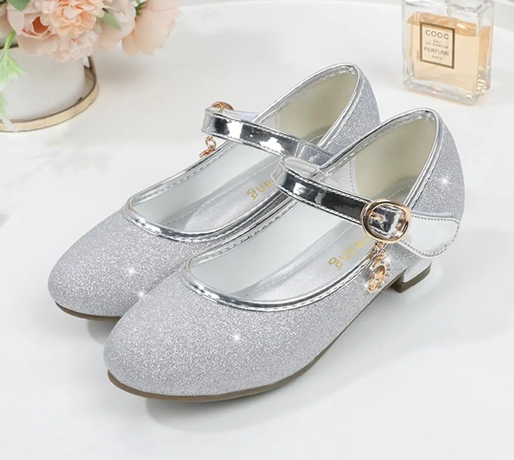Girls Heels Dress Shoes Mary Jane Pumps Low Heel Princess Flower Wedding Party