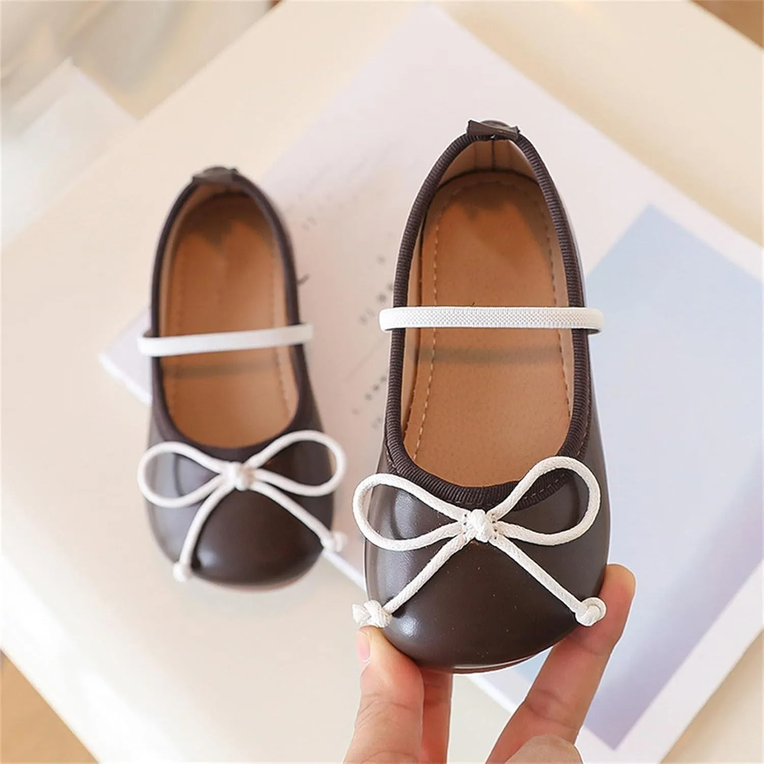 Girls Mary Jane Ballerina Dress up Flat Shoes Bowknot Non Slip Soft Sole Leather Shoes Kids Wedding Party School