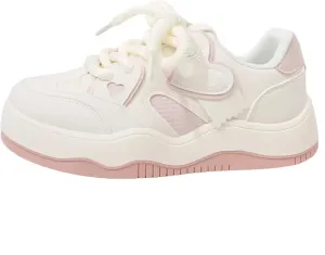 Heart Patch Sneakers for Women Girls, Preppy Chic Sweet Cool Style Cute Y2K Platform White Shoes Height Boost Leather Splicing