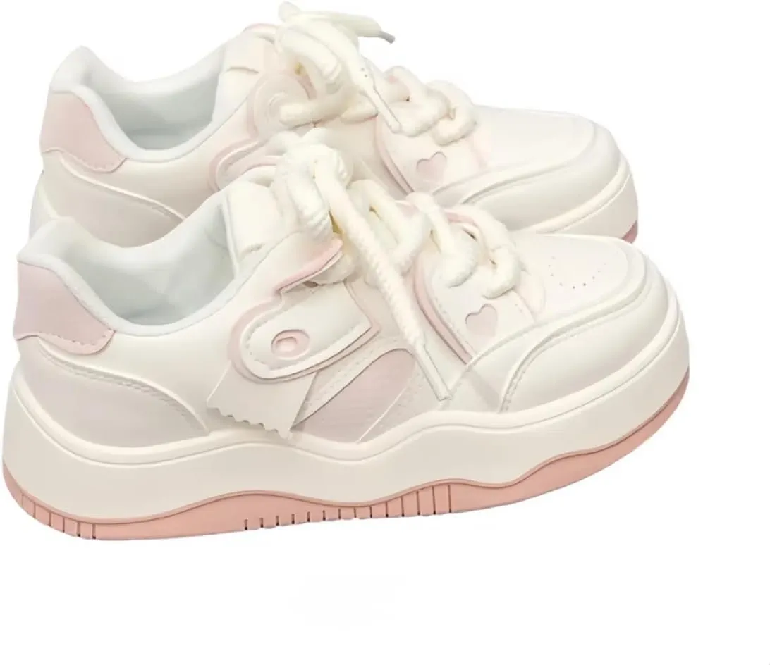 Heart Patch Sneakers for Women Girls, Preppy Chic Sweet Cool Style Cute Y2K Platform White Shoes Height Boost Leather Splicing