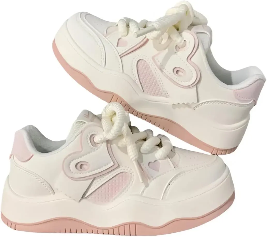 Heart Patch Sneakers for Women Girls, Preppy Chic Sweet Cool Style Cute Y2K Platform White Shoes Height Boost Leather Splicing