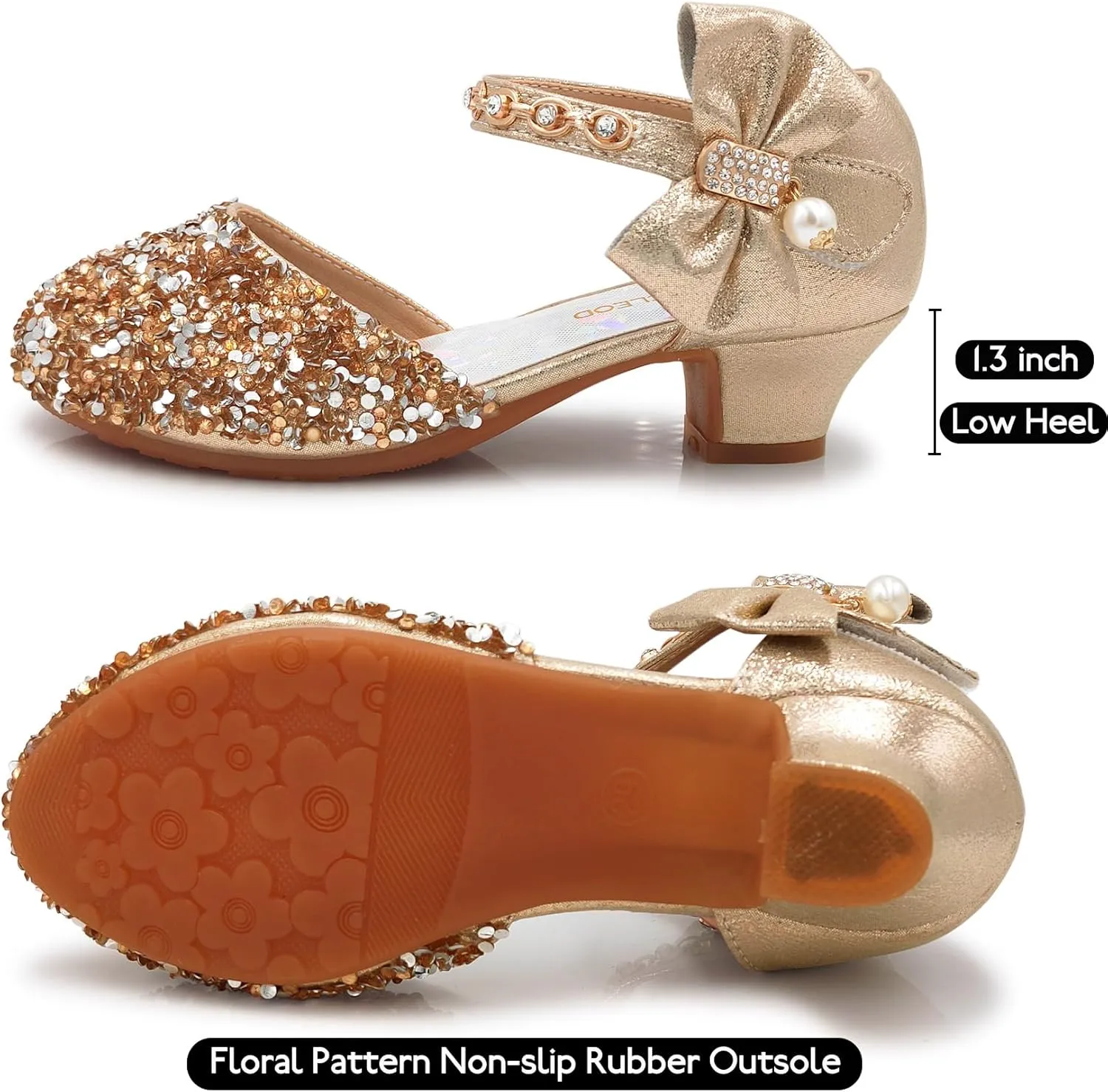 Mei MACLEOD Girls Dress Shoes Low Heel Princess Heels Sparkly with Pearl Bowknot for Wedding Party