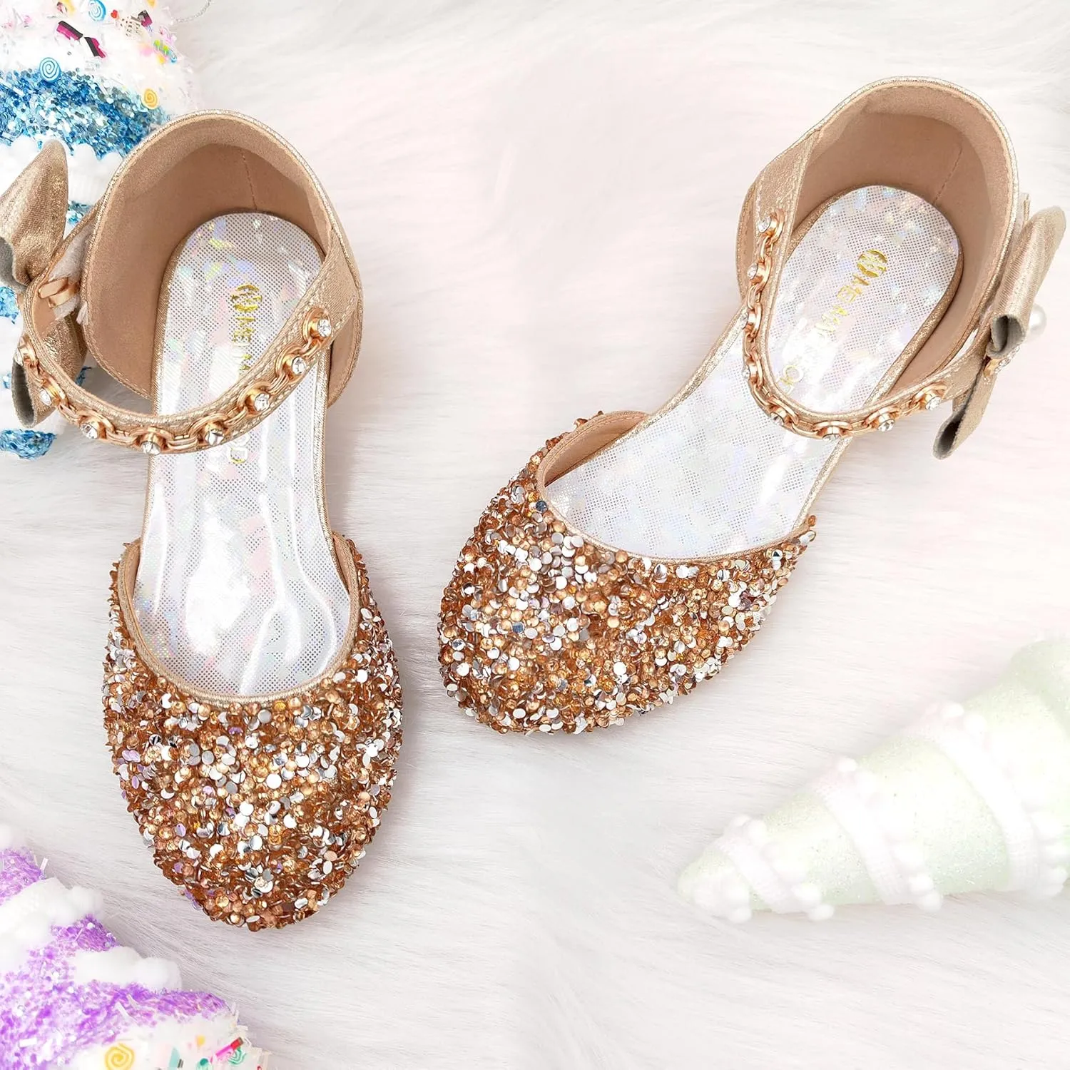 Mei MACLEOD Girls Dress Shoes Low Heel Princess Heels Sparkly with Pearl Bowknot for Wedding Party