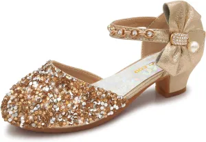 Mei MACLEOD Girls Dress Shoes Low Heel Princess Heels Sparkly with Pearl Bowknot for Wedding Party