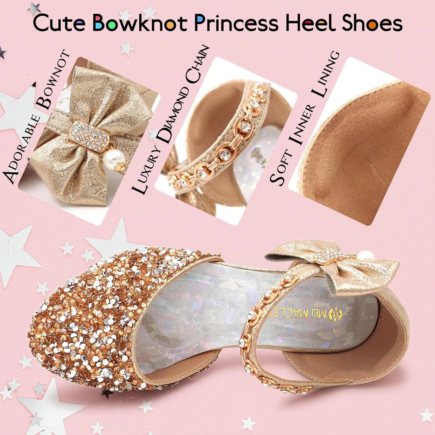 Mei MACLEOD Girls Dress Shoes Low Heel Princess Heels Sparkly with Pearl Bowknot for Wedding Party