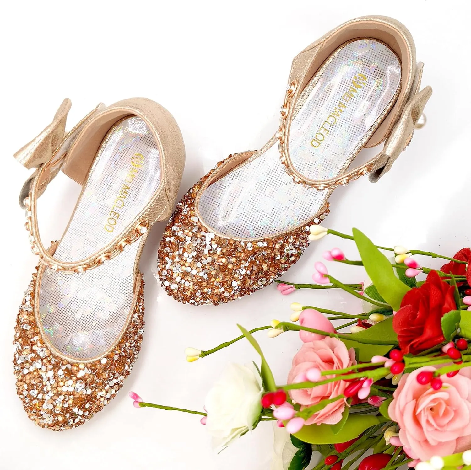 Mei MACLEOD Girls Dress Shoes Low Heel Princess Heels Sparkly with Pearl Bowknot for Wedding Party