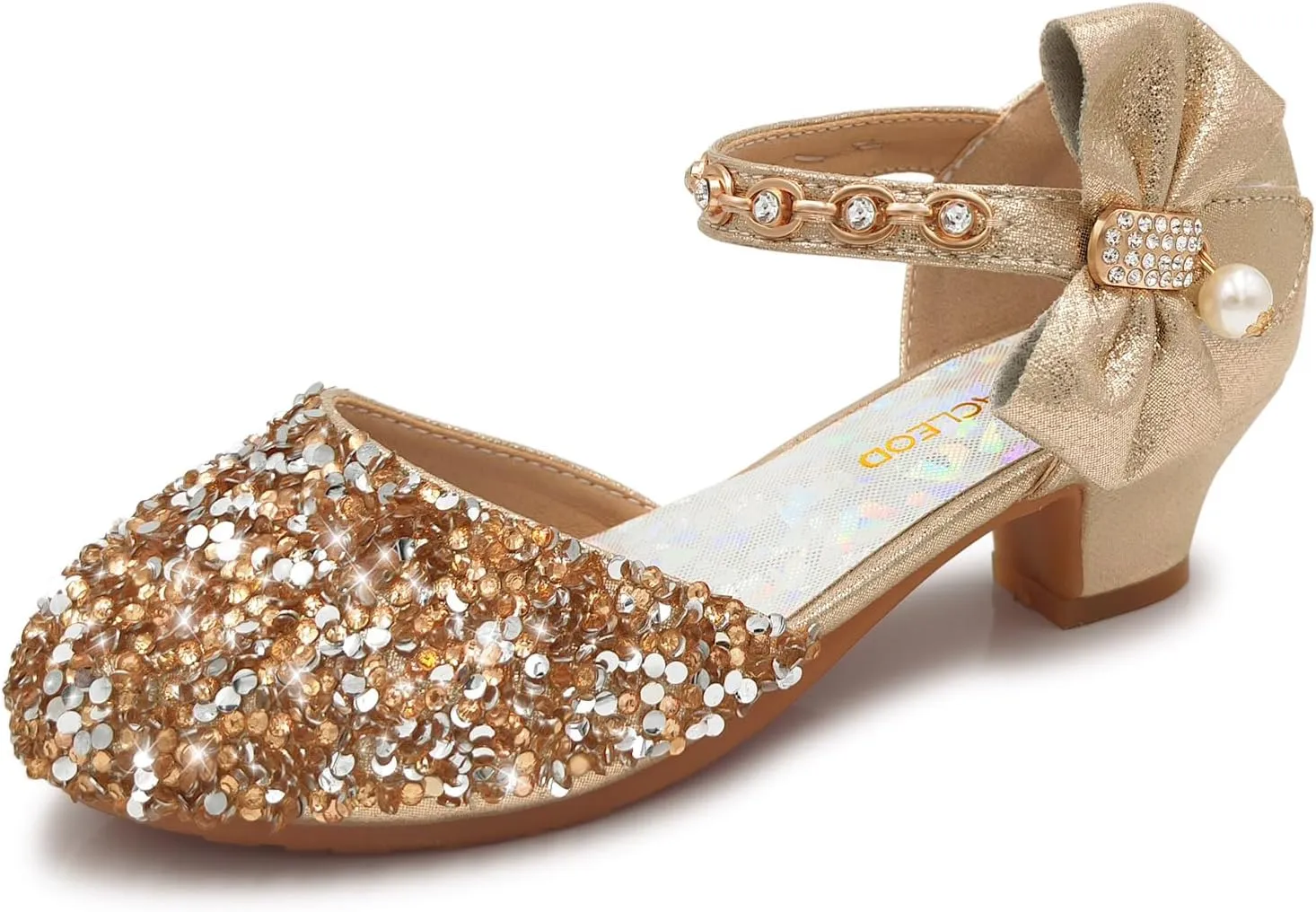 Mei MACLEOD Girls Dress Shoes Low Heel Princess Heels Sparkly with Pearl Bowknot for Wedding Party