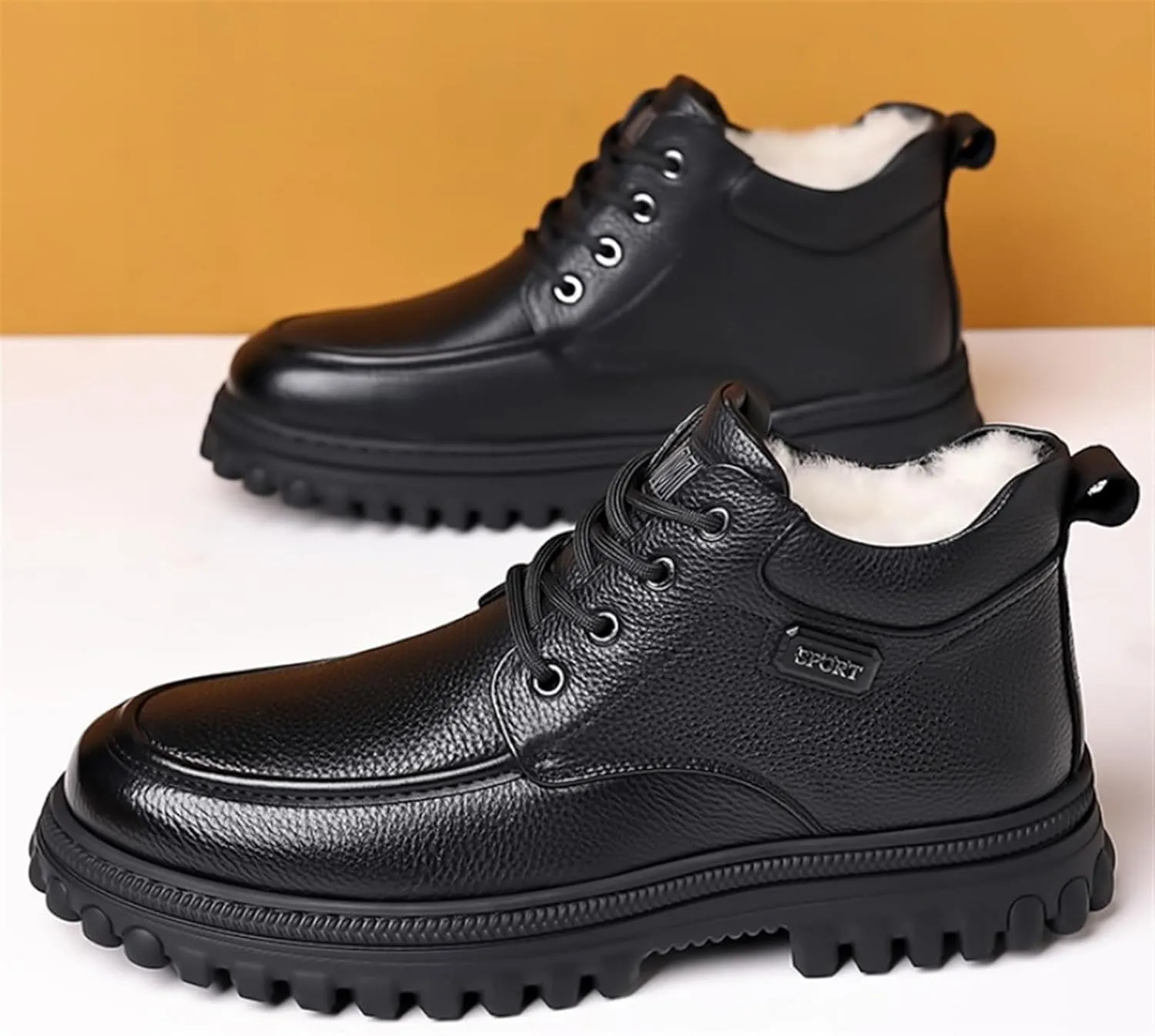 Men's Winter Snow Boots Warm Lace-Up Outdoor Comfort Round Toe Waterproof Lightweight Platform Dress Leather Derby Boots For Men