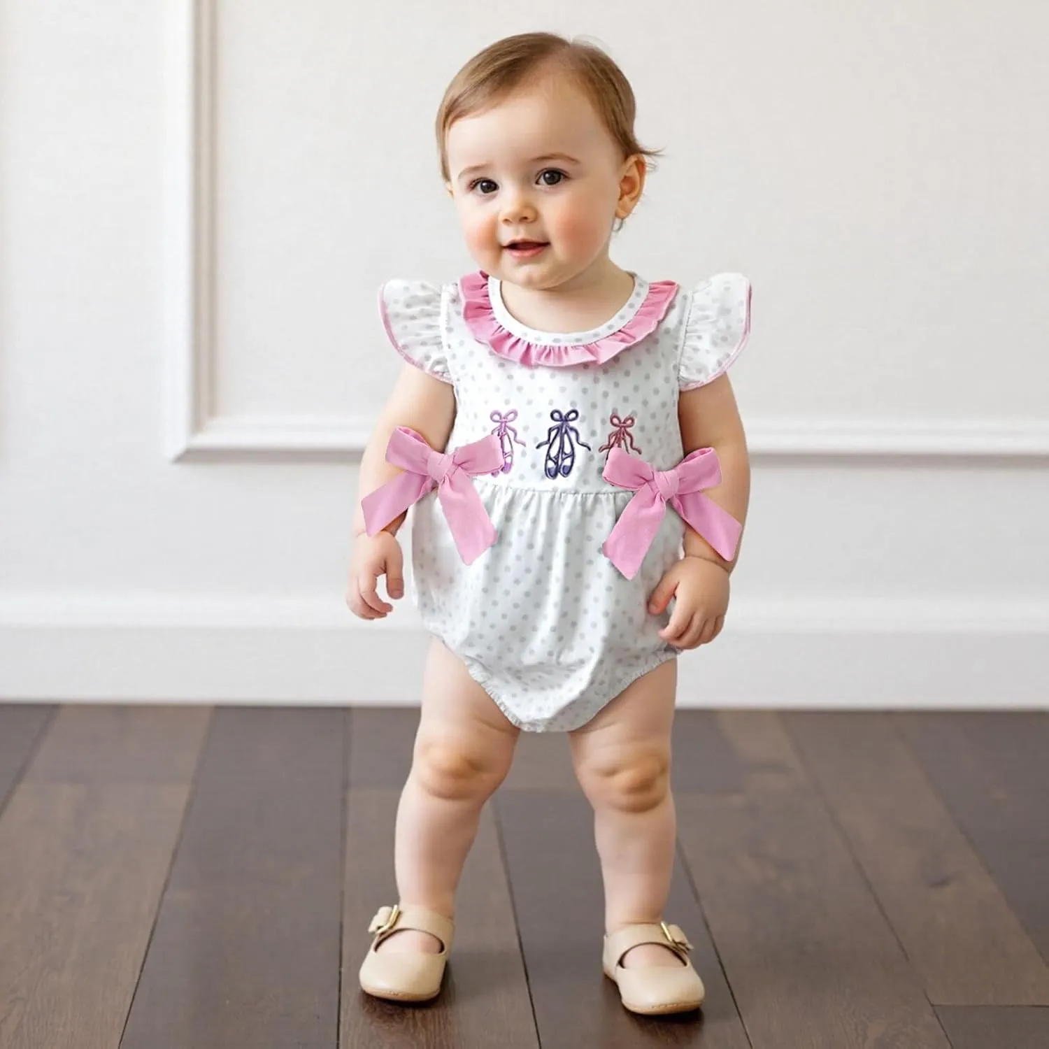 Newborn Baby Girl Outfit Ballet Shoes Dot Print Flying Sleeve Bubble Romper Infant Bodysuit Cute Bow Clothes Summer