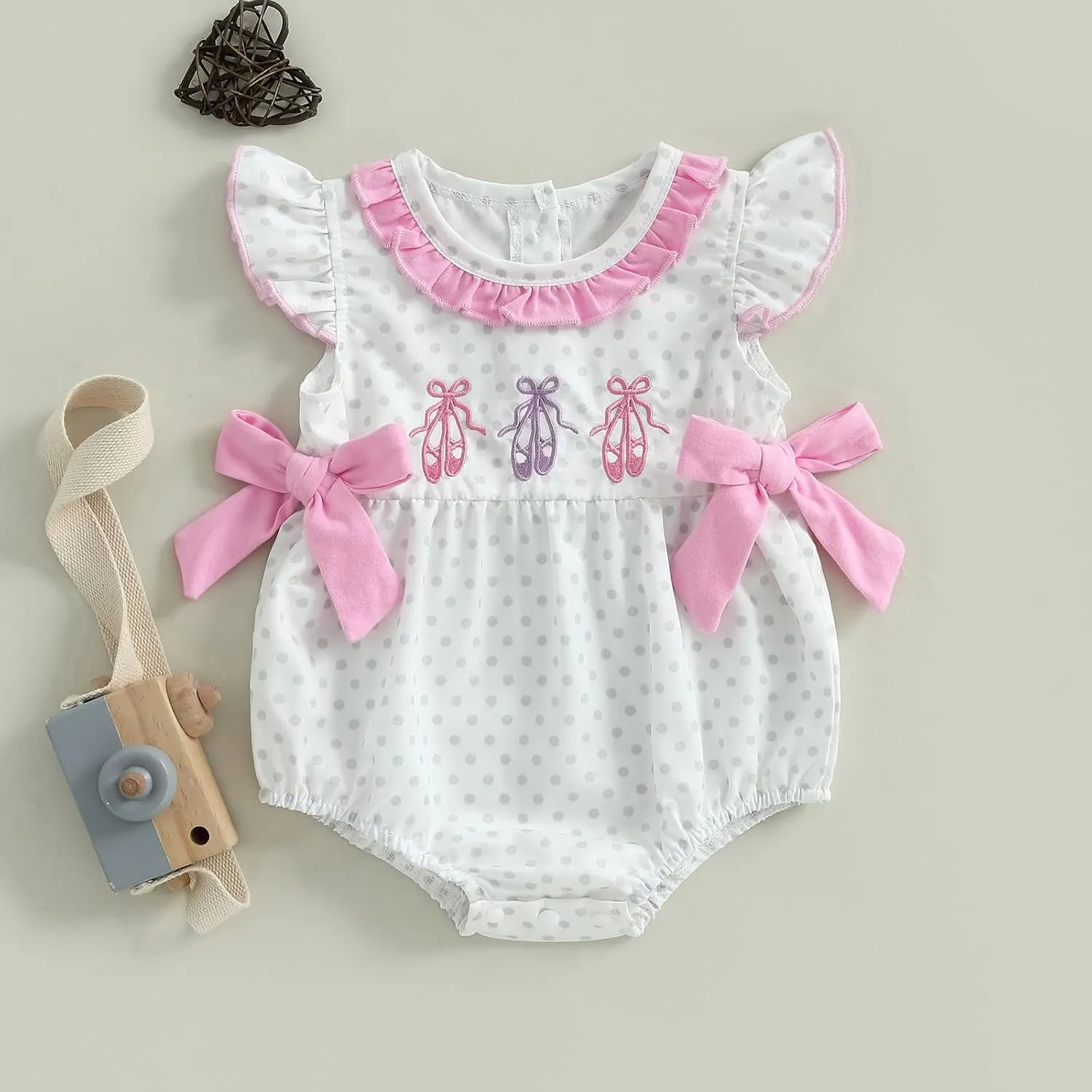 Newborn Baby Girl Outfit Ballet Shoes Dot Print Flying Sleeve Bubble Romper Infant Bodysuit Cute Bow Clothes Summer