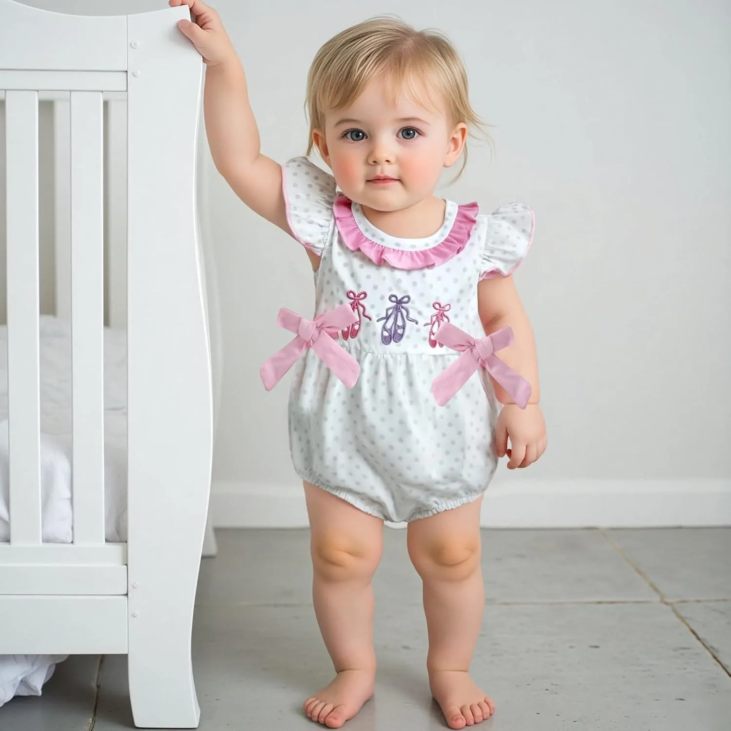 Newborn Baby Girl Outfit Ballet Shoes Dot Print Flying Sleeve Bubble Romper Infant Bodysuit Cute Bow Clothes Summer