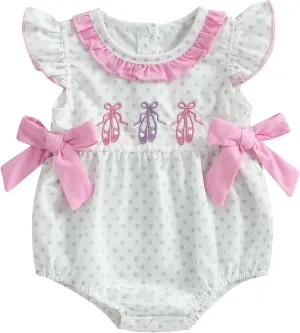 Newborn Baby Girl Outfit Ballet Shoes Dot Print Flying Sleeve Bubble Romper Infant Bodysuit Cute Bow Clothes Summer