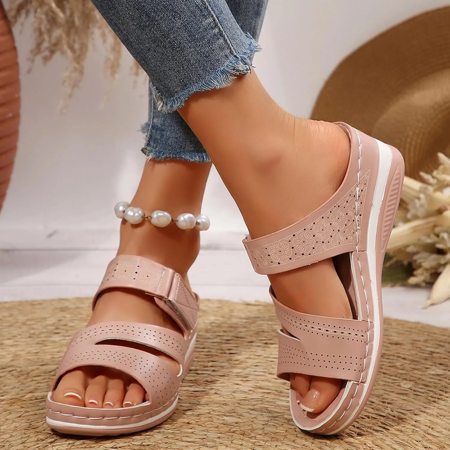 Orthopedic Wedge Sandals for Women 2025 Low Heels Arch Support Slingback Hollow Platform Beach Sandals Footwear