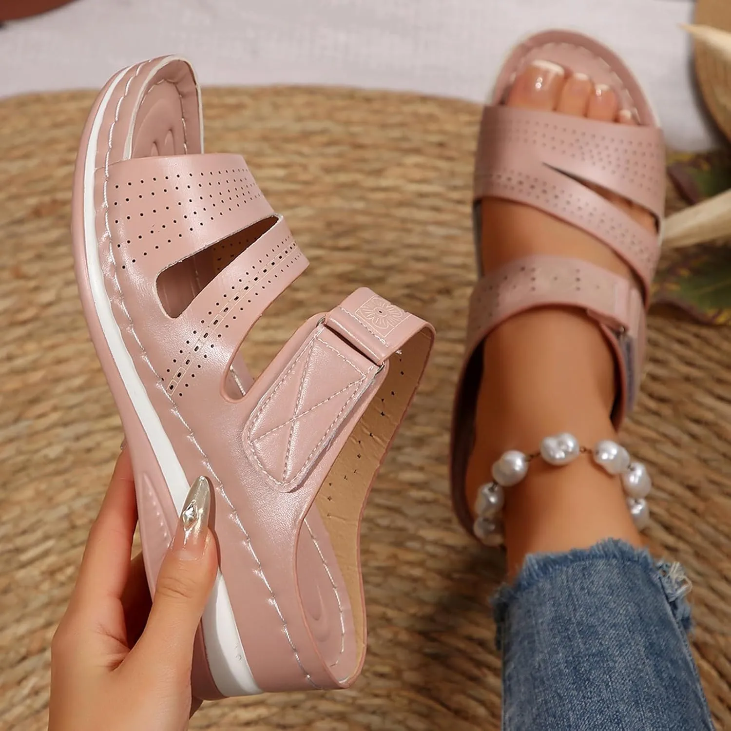Orthopedic Wedge Sandals for Women 2025 Low Heels Arch Support Slingback Hollow Platform Beach Sandals Footwear