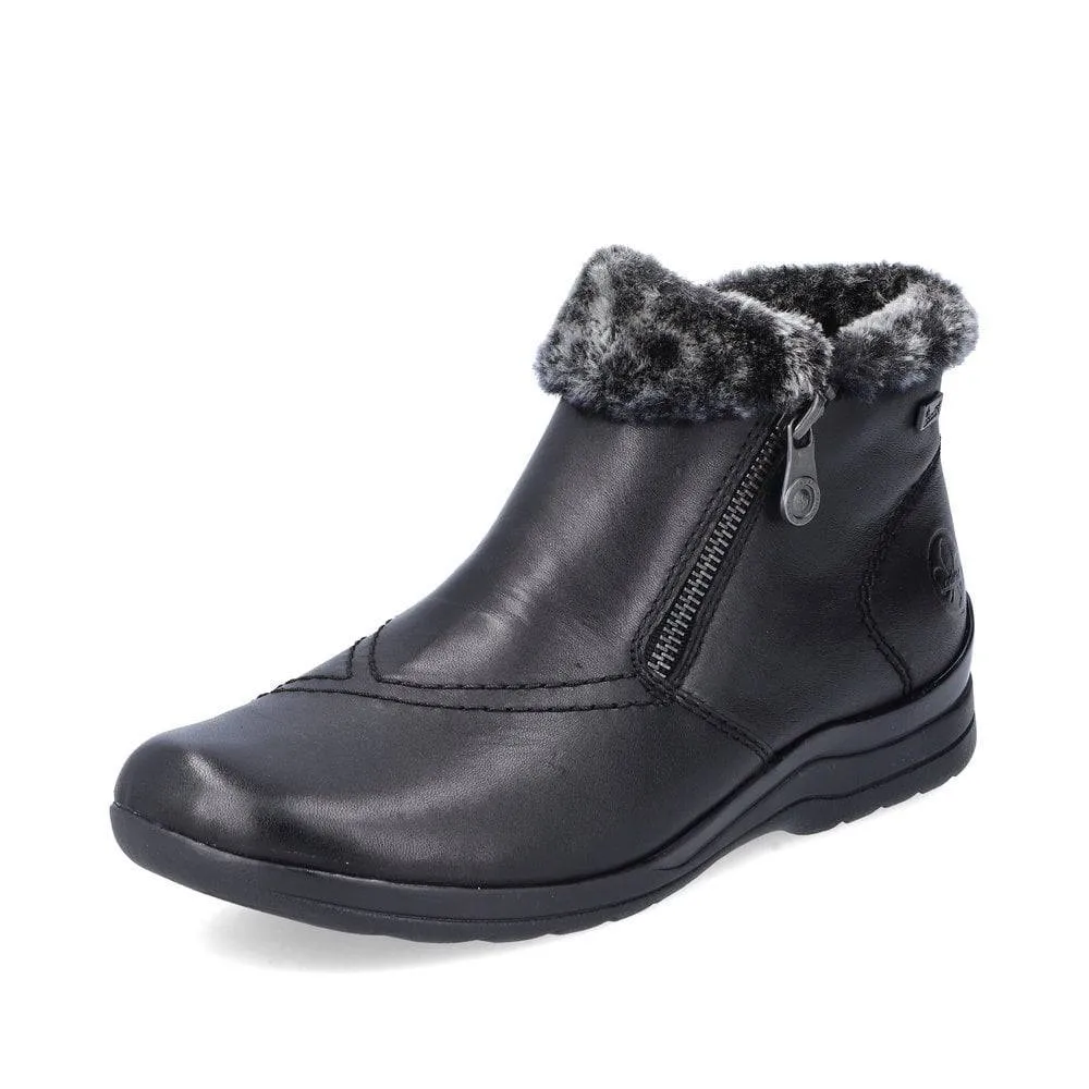 Rieker Black Extra Wide Double Sided Zips & Fur Trim Ankle Boot