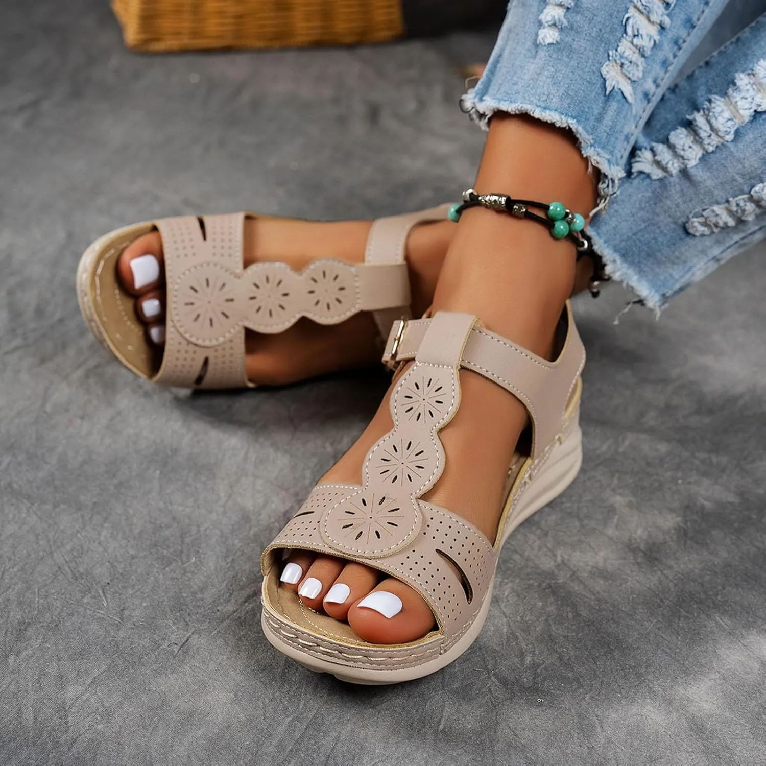 Sandals for Women Orthopedic Shoes,2025 Summer Casual Fashionable T-strap Open Toe Hollow Out Asjustable Ankle Strap Sandals Comfortable Walking Sports Platform Dressy Wedge Footwear