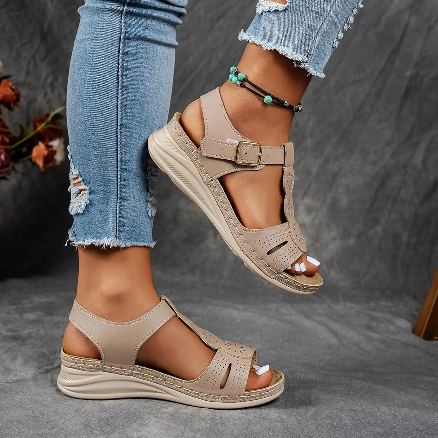 Sandals for Women Orthopedic Shoes,2025 Summer Casual Fashionable T-strap Open Toe Hollow Out Asjustable Ankle Strap Sandals Comfortable Walking Sports Platform Dressy Wedge Footwear