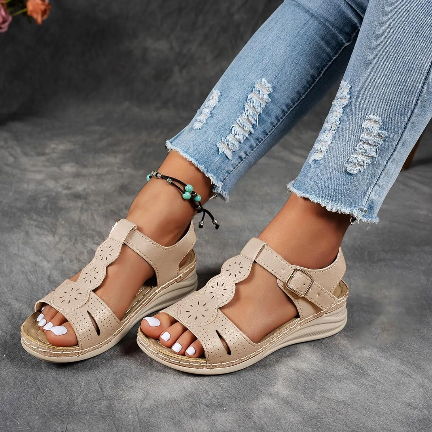 Sandals for Women Orthopedic Shoes,2025 Summer Casual Fashionable T-strap Open Toe Hollow Out Asjustable Ankle Strap Sandals Comfortable Walking Sports Platform Dressy Wedge Footwear
