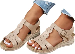 Sandals for Women Orthopedic Shoes,2025 Summer Casual Fashionable T-strap Open Toe Hollow Out Asjustable Ankle Strap Sandals Comfortable Walking Sports Platform Dressy Wedge Footwear