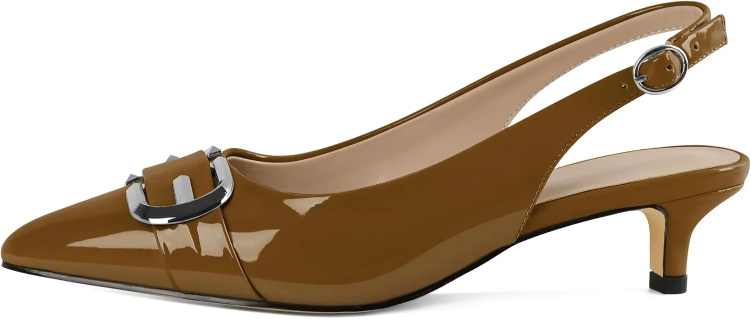 Slingback Kitten Heels for Womens Low Heel Pumps with Mental Buckle Pointed Toe Heels Elegant Comfortable Pumps 1.6 Inch Adorable Pumps
