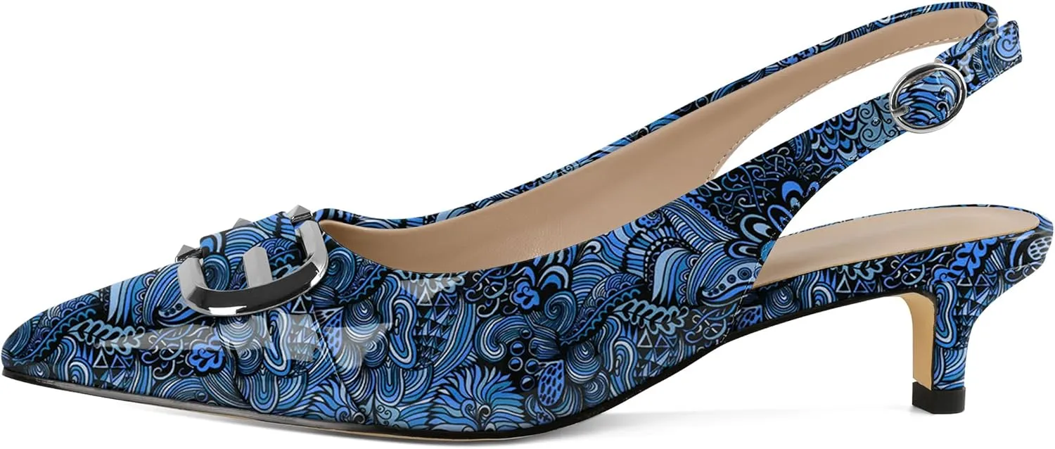 Slingback Kitten Heels for Womens Low Heel Pumps with Mental Buckle Pointed Toe Heels Elegant Comfortable Pumps 1.6 Inch Adorable Pumps