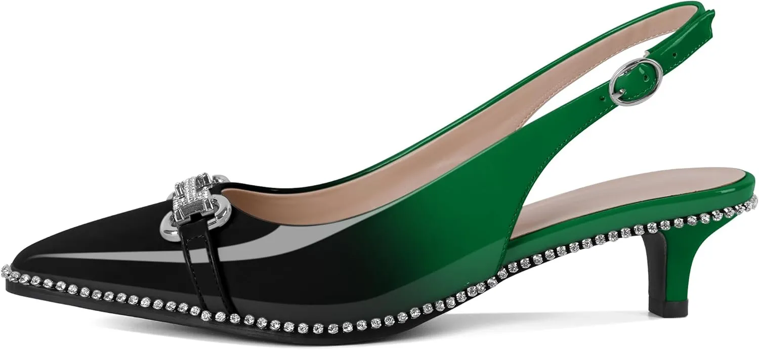 Soireelady Womens Slingback Kitten Heels Low Heel Rhinestones Beaded Pumps Closed Pointed Toe Slip On Party Fashion Dress Shoes 1.5 Inches