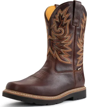 SUREWAY Cowboy Boots for Men,Full Grain Leather Square Toe Men's Western Boots with Classic Embroidered,Soft/Steel Toe Waterproof Pull on Work Boots Oil/Slip Resistant,Steel Toe Dark Brown,Size 8