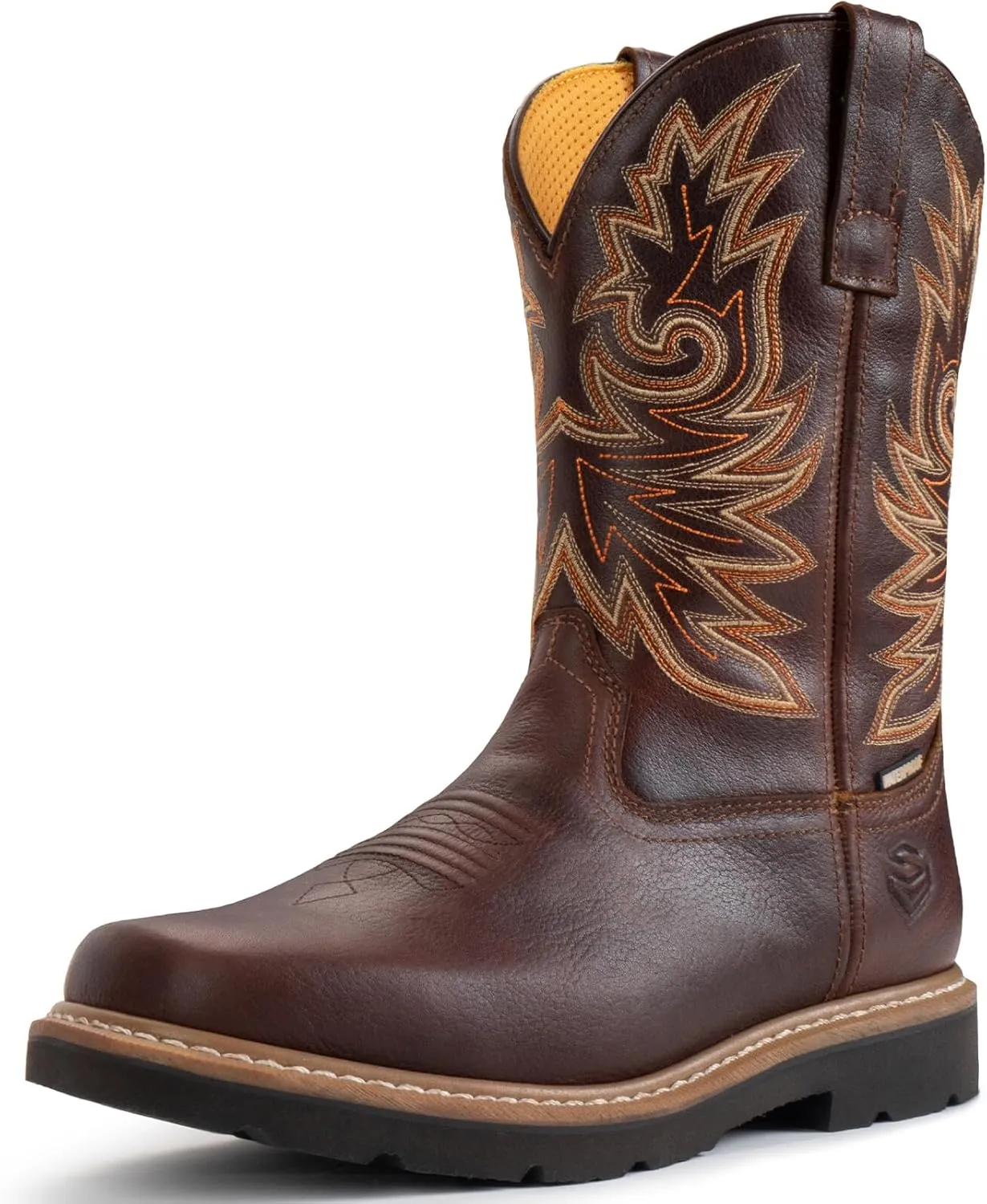 SUREWAY Cowboy Boots for Men,Full Grain Leather Square Toe Men's Western Boots with Classic Embroidered,Soft/Steel Toe Waterproof Pull on Work Boots Oil/Slip Resistant,Steel Toe Dark Brown,Size 8