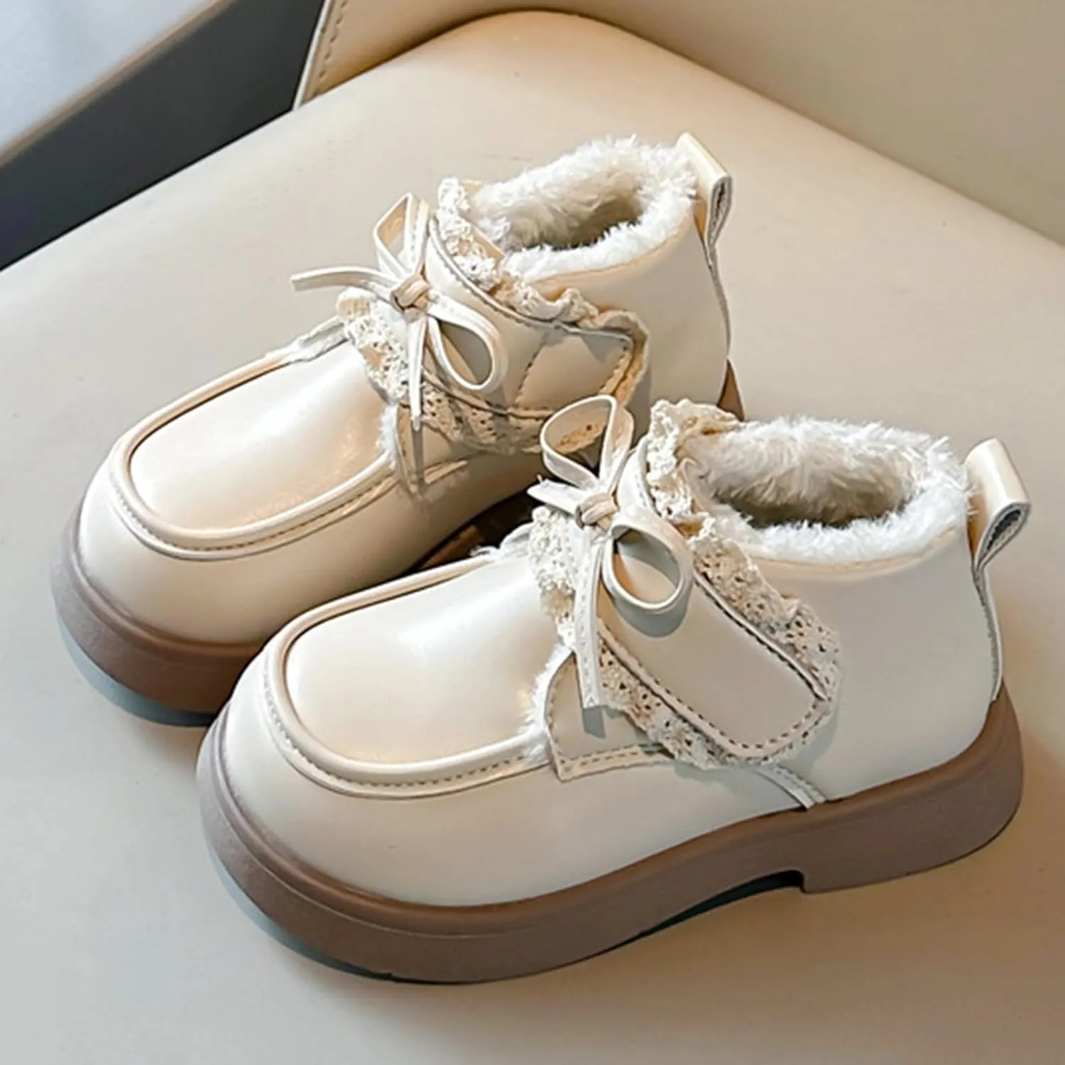 Toddler Boys Girls Dress Round Toe Shoes Kid PU Leather Fleece Lined Comfort Rubber Sole Oxford School Uniform Flat