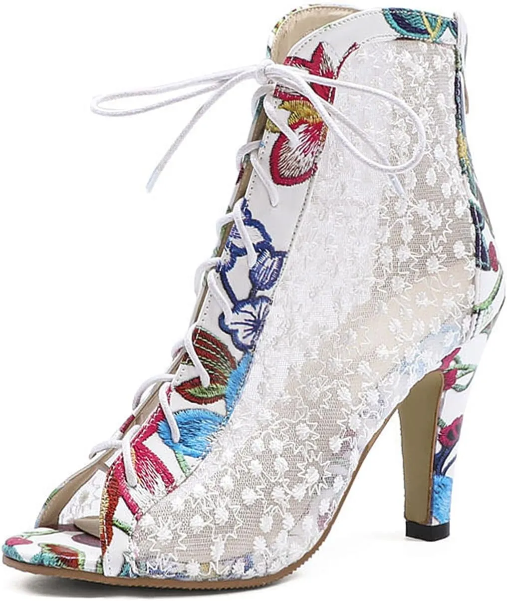 WOilERQ Women's Fashion Sandals Open Toe Lace Hollow High Heel Fish Mouth Lace-Up Color Matching High-Heel Boots Dress Back Zipper Comfortable Work Shoes,White,35