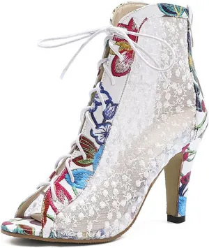 WOilERQ Women's Fashion Sandals Open Toe Lace Hollow High Heel Fish Mouth Lace-Up Color Matching High-Heel Boots Dress Back Zipper Comfortable Work Shoes,White,35