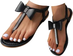 Women 2025 Rhinestone Flat Sandals Open Toe Elastic T Strap Bohemian Flip Flops Fashion Casual Bow Decoration Hollow Out Flat Shoes Beach Vacation Walking Outdoor Sandal