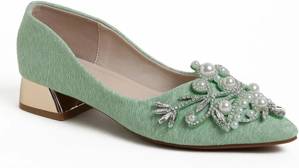 Women's Chunky Heel Comfortable Work Shoes Rhinestones Pearl Dress Wedding Pumps for Women - 1.18Inches Height