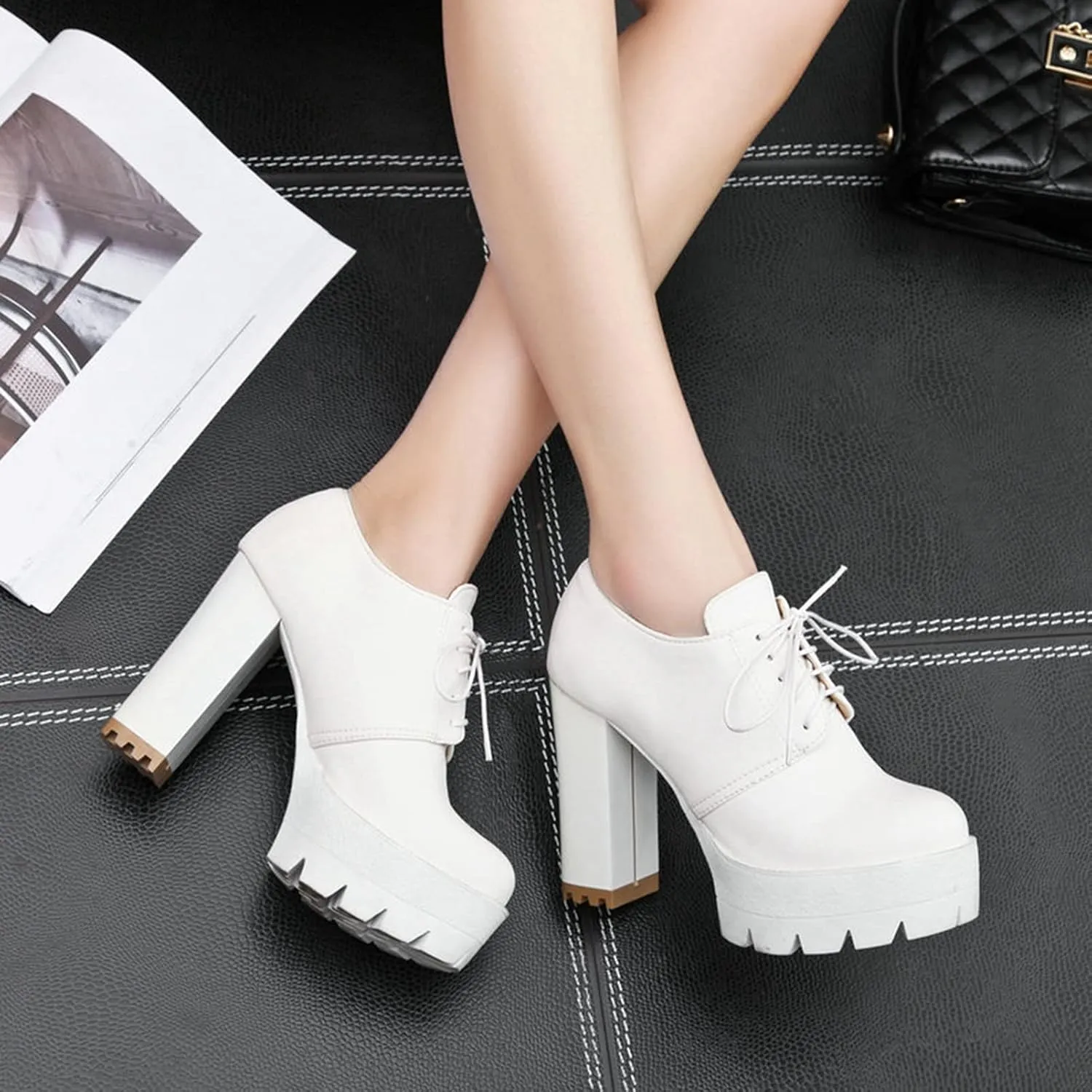 Women's Lace Up Platform Pumps Round Toe Oxfords PU Leather Slip On Block High Heel Dress Shoes