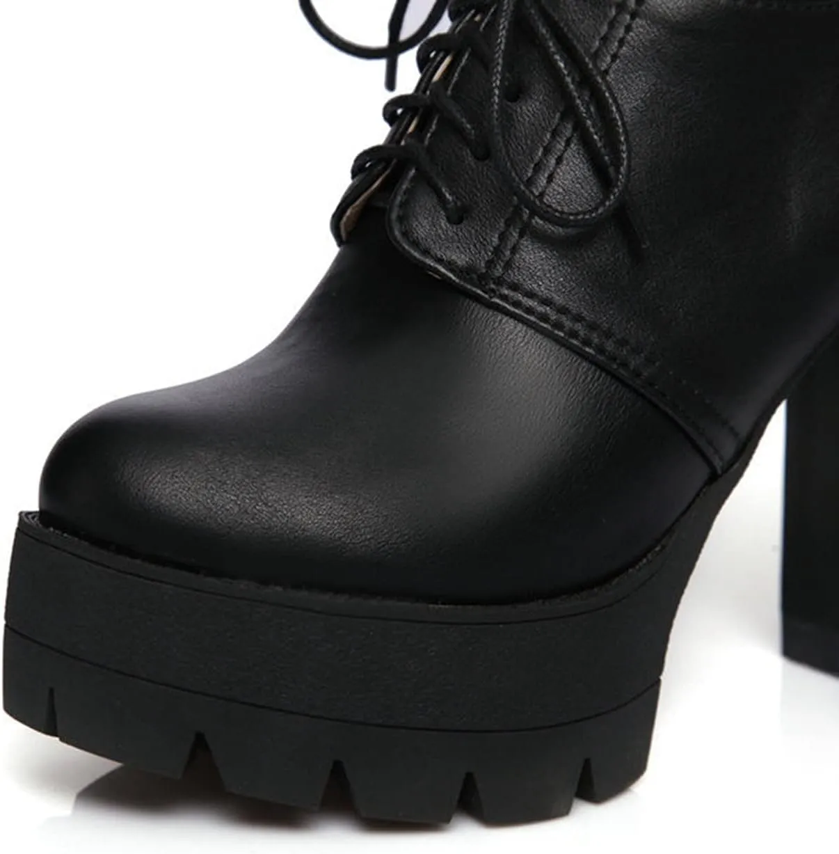 Women's Lace Up Platform Pumps Round Toe Oxfords PU Leather Slip On Block High Heel Dress Shoes