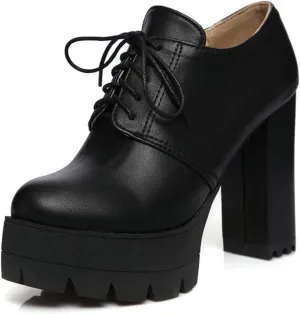 Women's Lace Up Platform Pumps Round Toe Oxfords PU Leather Slip On Block High Heel Dress Shoes