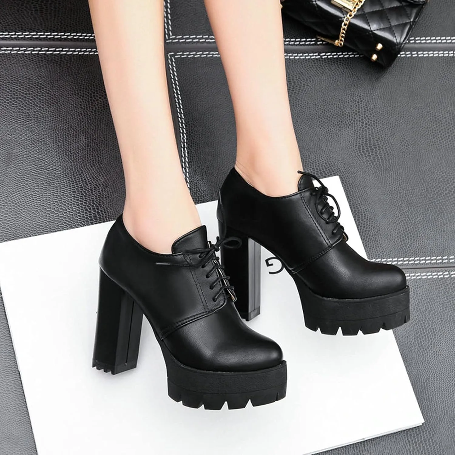 Women's Lace Up Platform Pumps Round Toe Oxfords PU Leather Slip On Block High Heel Dress Shoes